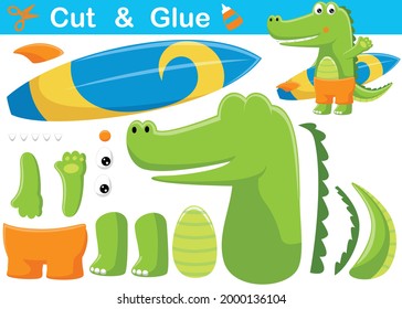 Crocodile with surfboard. Education paper game for children. Cutout and gluing. Vector cartoon illustration