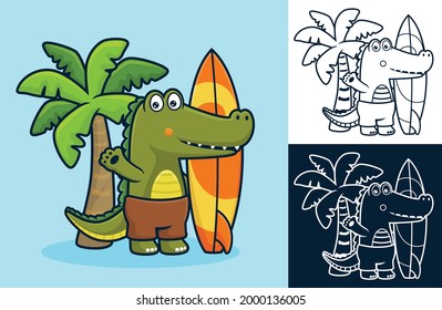 Crocodile with surfboard on coconut tree background. Vector cartoon illustration in flat icon style