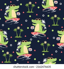 Crocodile surfer cartoon trendy pattern design concepts