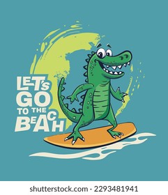 Crocodile surfer cool summer t-shirt print. African animal ride surfboard on wave. Slogan. Dinosaur beach funny child wear illustration. Tropical sea surf sport kids typography fashion