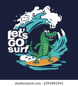 Crocodile surfer cool summer t-shirt print. African animal ride surfboard on wave. Slogan. Dinosaur beach funny child wear illustration. Tropical sea surf sport kids typography fashion
