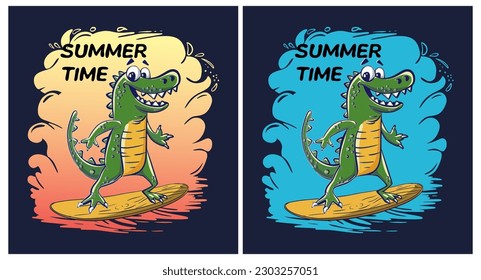 Crocodile surfer cool summer t-shirt print. African animal ride surfboard on wave. Slogan. Dinosaur holidays beach funny child wear illustration. Tropical sea surf sport kids typography fashion