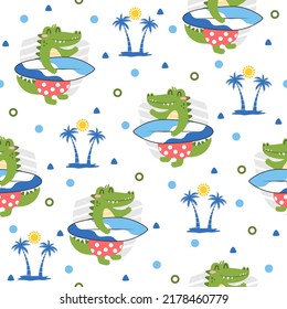 Crocodile surfing cartoon trendy pattern background concepts