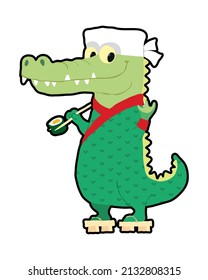 Crocodile sushi chef holding roll in chopsticks