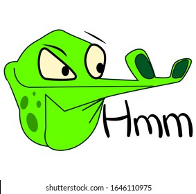 Crocodile suspecting something. Reptile with a pensive look and the sound of "hmm" Sticker with the emotion of suspicion and reflection. Vector stock cayman crocodile, for stickers, logo, and design.