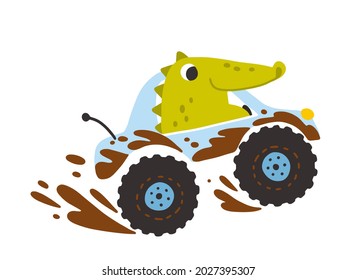Crocodile in an SUV in the mud. Cute cartoon character in simple hand drawn childish style. Vector isolated illustration on a white background. Colorful palette