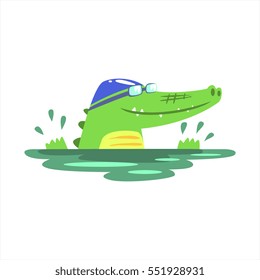 Crocodile Swimming In Pool With Rubber Hat, Humanized Green Reptile Animal Character Every Day Activity