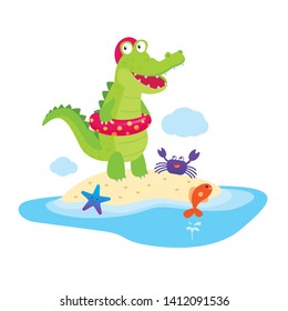 Crocodile with swimming ring on the beach, Summer vacation of alligator.
