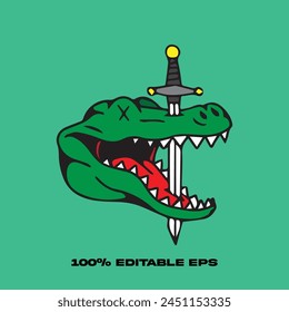 crocodile with sword in mouth, cauldron character, crazy design, doodle face, free halloween asset, cartoon direction,