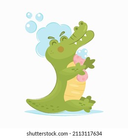 crocodile taking a shower, isolated on white stroke
