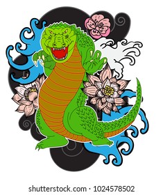 Crocodile tattoo and flower Japanese style. Hibiscus flower with cherry blossom and lotus tattoo.Design For Print a T-Shirt.