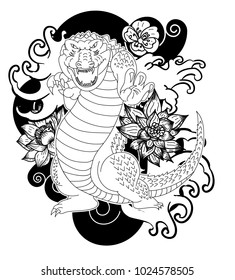 Crocodile tattoo and flower Japanese style. Hibiscus flower with cherry blossom and lotus tattoo.Design For Print a T-Shirt.