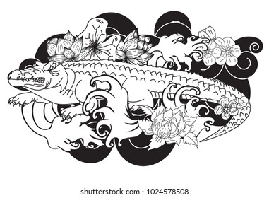 Crocodile tattoo and flower Japanese style. Hibiscus flower with cherry blossom and lotus tattoo.Design For Print a T-Shirt.
