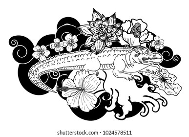 Crocodile tattoo and flower Japanese style. Hibiscus flower with cherry blossom and lotus tattoo.Design For Print a T-Shirt.