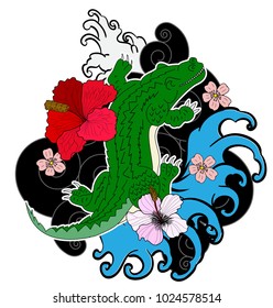 Crocodile tattoo and flower Japanese style. Hibiscus flower with cherry blossom and lotus tattoo.Design For Print a T-Shirt.
