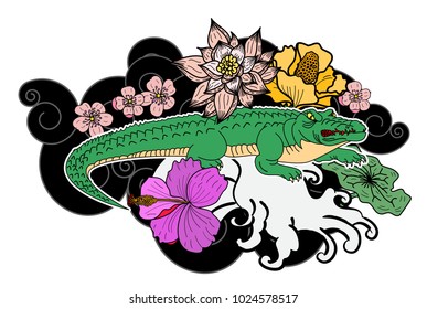 Crocodile tattoo and flower Japanese style. Hibiscus flower with cherry blossom and lotus tattoo.Design For Print a T-Shirt.