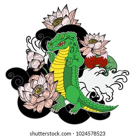 Crocodile tattoo and flower Japanese style. Hibiscus flower with cherry blossom and lotus tattoo.Design For Print a T-Shirt.