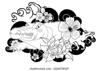 Crocodile tattoo and flower Japanese style. Hibiscus flower with cherry blossom and lotus tattoo.Design For Print a T-Shirt.