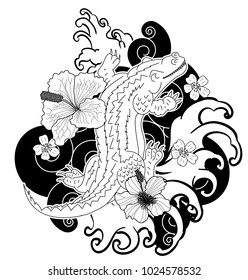 Crocodile tattoo and flower Japanese style. Hibiscus flower with cherry blossom and lotus tattoo.Design For Print a T-Shirt.