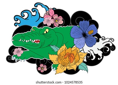 Crocodile tattoo and flower Japanese style. Hibiscus flower with cherry blossom and lotus tattoo.Design For Print a T-Shirt.
