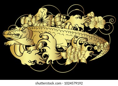 Crocodile tattoo and flower Japanese style. Hibiscus flower with cherry blossom and lotus tattoo.Design For Print a T-Shirt.