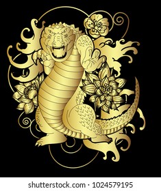 Crocodile tattoo and flower Japanese style. Hibiscus flower with cherry blossom and lotus tattoo.Design For Print a T-Shirt.