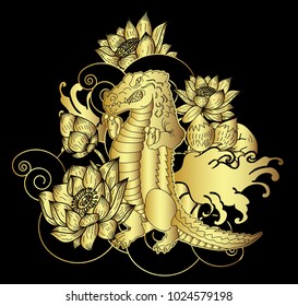 Crocodile tattoo and flower Japanese style. Hibiscus flower with cherry blossom and lotus tattoo.Design For Print a T-Shirt.