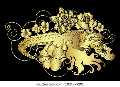 Crocodile tattoo and flower Japanese style. Hibiscus flower with cherry blossom and lotus tattoo.Design For Print a T-Shirt.