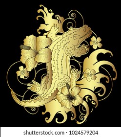 Crocodile tattoo and flower Japanese style. Hibiscus flower with cherry blossom and lotus tattoo.Design For Print a T-Shirt.