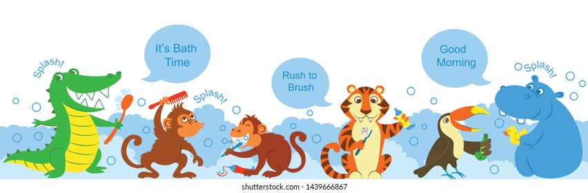 crocodile, tiger, hippopotamus,  monkeys and toucan have a happy bath time in the morning. Cute motivation for children to brush their hair, to bath and clean their teeth in the morning
