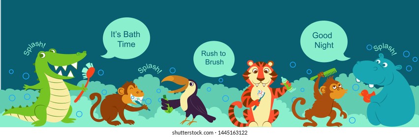 Crocodile, tiger, hippopotamus,  monkeys and toucan take a shower, bath. Cute motivation for children to brush their hair, to bath and 
clean their teeth befor bad
