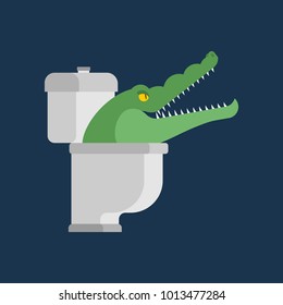 Crocodile in toilet. Alligator in sewer. Predator animal. City legend. Vector illustration
