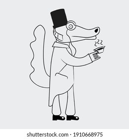 Crocodile in a top hat and tuxedo with a cup of tea. Linear art flat illustration