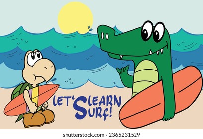 CROCODILE AND TORTOISE DOODLE CHARACTERS SUMMER BEACH FUN WITH TYPOGRAPHY LET'S LEARN SURF VECTOR ILLUSTRATION