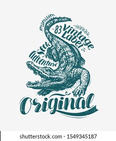 Crocodile t-shirt design. Alligator, drawn animal vintage vector illustration