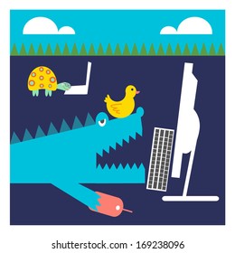 Crocodile and Turtle and Duck are Working on Computer