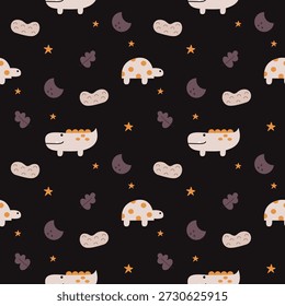 Crocodile and turtle white cartoon so cute. On leaf moon swamp star background. Pattern seamless vector illustration. 