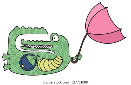 Crocodile with an umbrella flying through the air