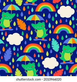 Crocodile with umbrella, rainbow, cloud seamless pattern with colorful raining background.