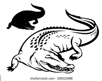 Crocodile Vector Illustration - Black And White Outline And Silhouette