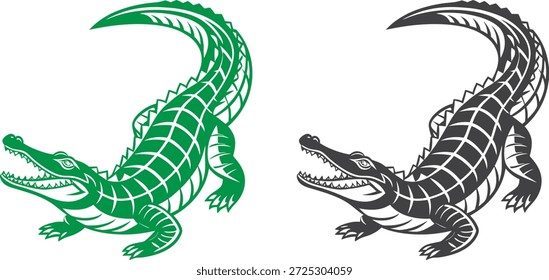 Ilustración vectorial de cocodrilo en variaciones de color verde y negro. Obra de arte de reptil potente, diseño agresivo de animales salvajes, arte de línea detallado aislado en el fondo blanco.