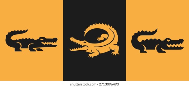 Logótipos vetoriais de crocodilo dispostos em um tríptico sobre um fundo preto e laranja contrastante