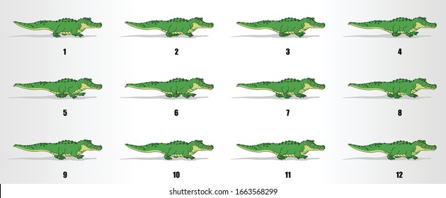 Crocodile walk cycle animation frames, loop animation sequence sprite sheet 