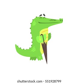 Crocodile Walkig With Closed Umbrella, Humanized Green Reptile Animal Character Every Day Activity