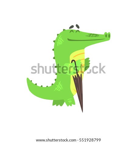 Crocodile Walkig With Closed Umbrella, Humanized Green Reptile Animal Character Every Day Activity