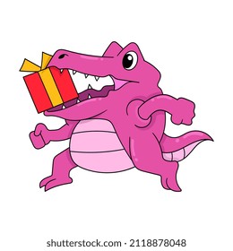 Crocodile is walking biting a gift, vector illustration art. doodle icon image kawaii.