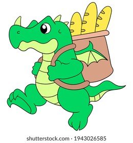 a crocodile was walking carrying a basket filled with a lot of bread, vector illustration art. doodle icon image kawaii.