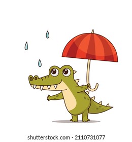 Crocodile walks under an umbrella in the rain. Vector illustration for designs, prints and patterns.