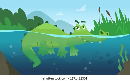 Crocodile in water. Alligator amphibian reptile wild green angry wild animal swimming vector cartoon background. Green alligator in river water, wildlife dangerous illustration