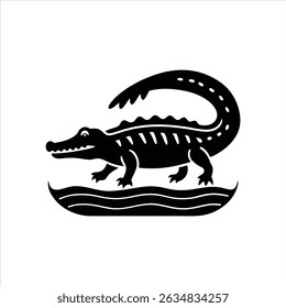 Crocodile in Water Retro Engraving Vector Logo Design
